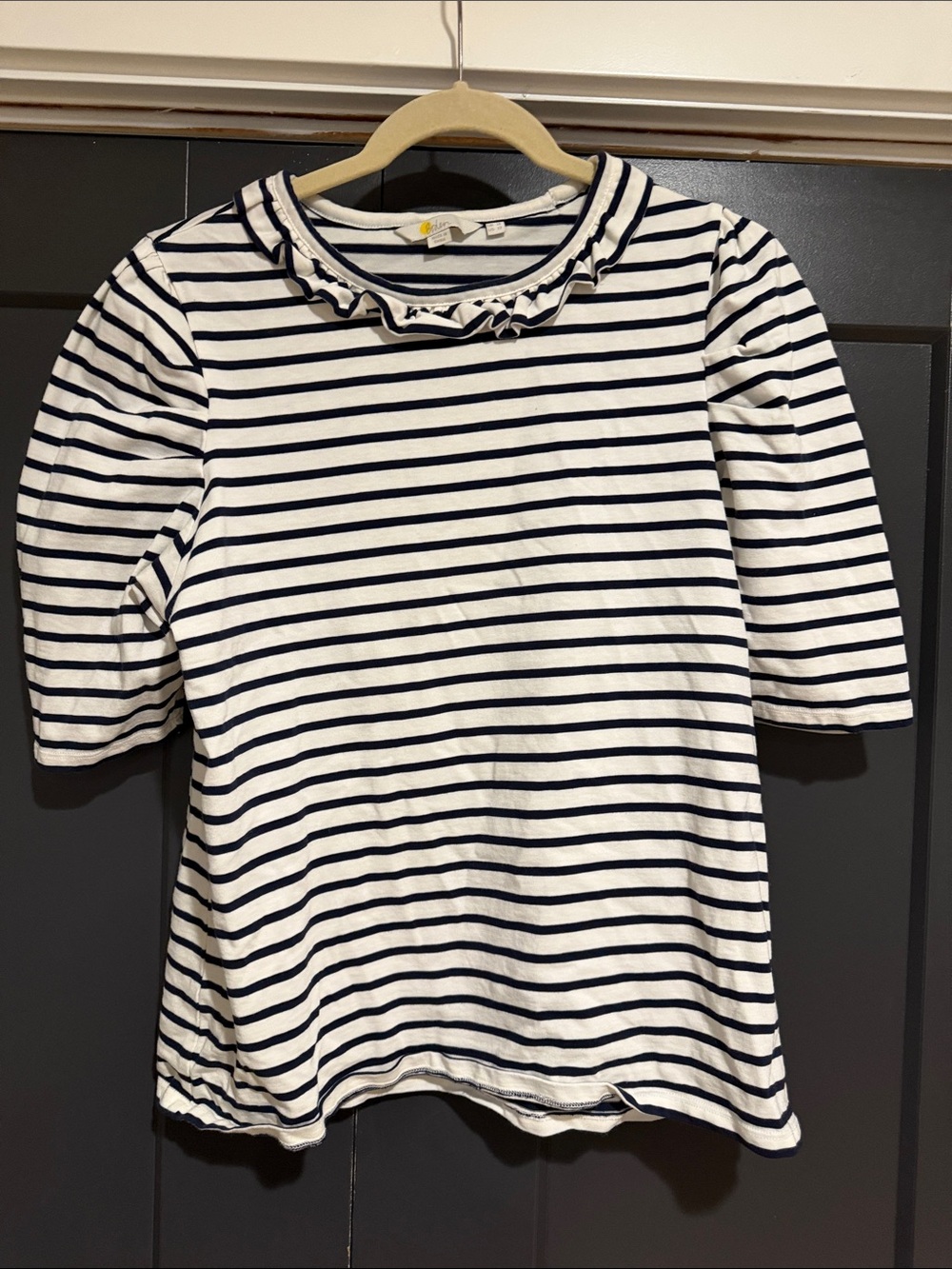 Boden Navy & White Striped Ruffle Collar Short Sleeve Top